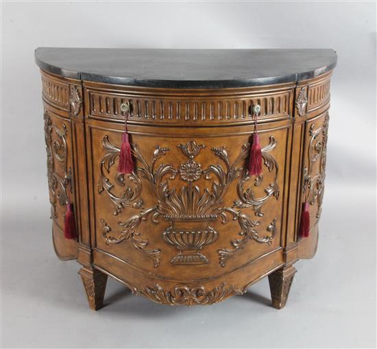 A mid 18th century style mahogany demi lune side cabinet, W.3ft 10in. D.2ft 1in. H.3ft